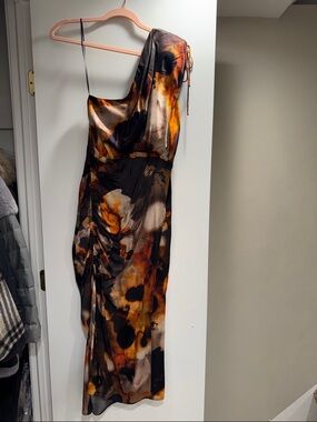 All Saints One-Shoulder Satin Dress in Black and Burnt Orange Floral